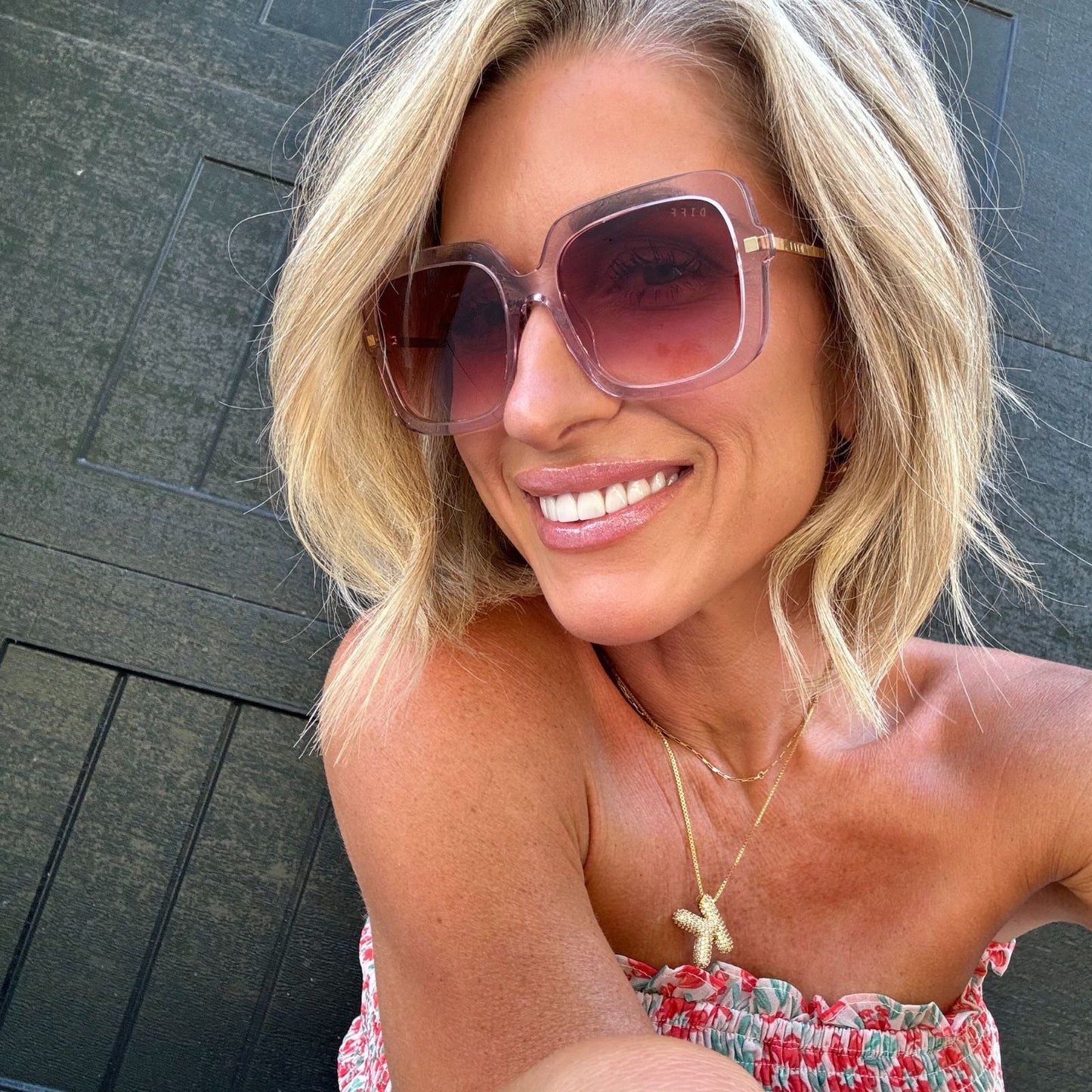 lifestyle - Kalee Rogers wearing the Diff Eyewear Sandra Light Pink Crystal Dusk Gradient Sunglasses for Women