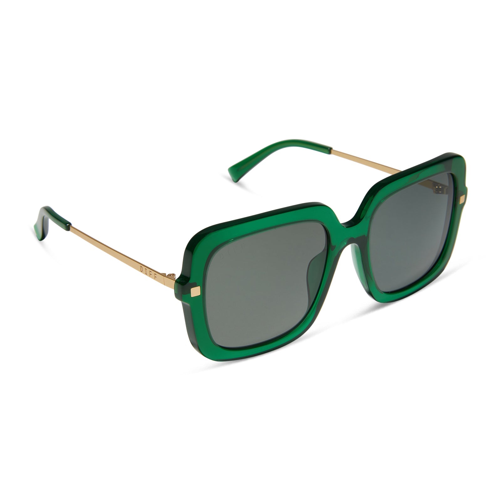 diff eyewear sandra square oversized sunglasses with a palm green crystal acetate frame and grey lenses angled view