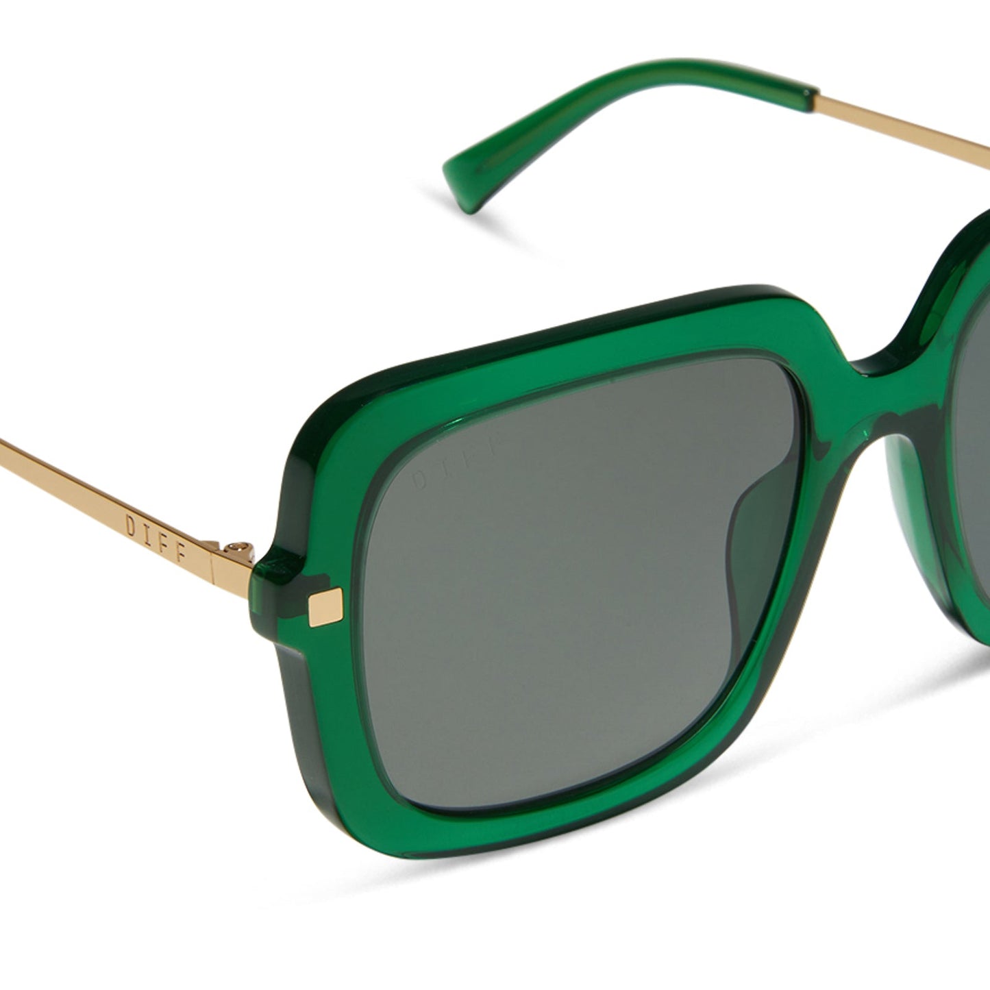 diff eyewear sandra square oversized sunglasses with a palm green crystal acetate frame and grey lenses detailed view