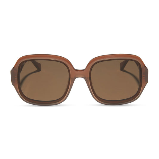 diff eyewear seraphina round sunglasses with a macchiato brown acetate frame and brown polarized lenses front view