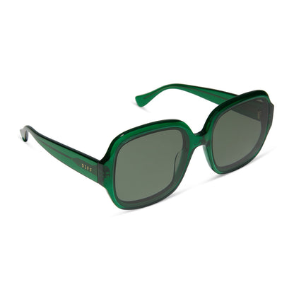 diff eyewear seraphina round sunglasses with a palm green crystal acetate frame and g15 lenses angled view