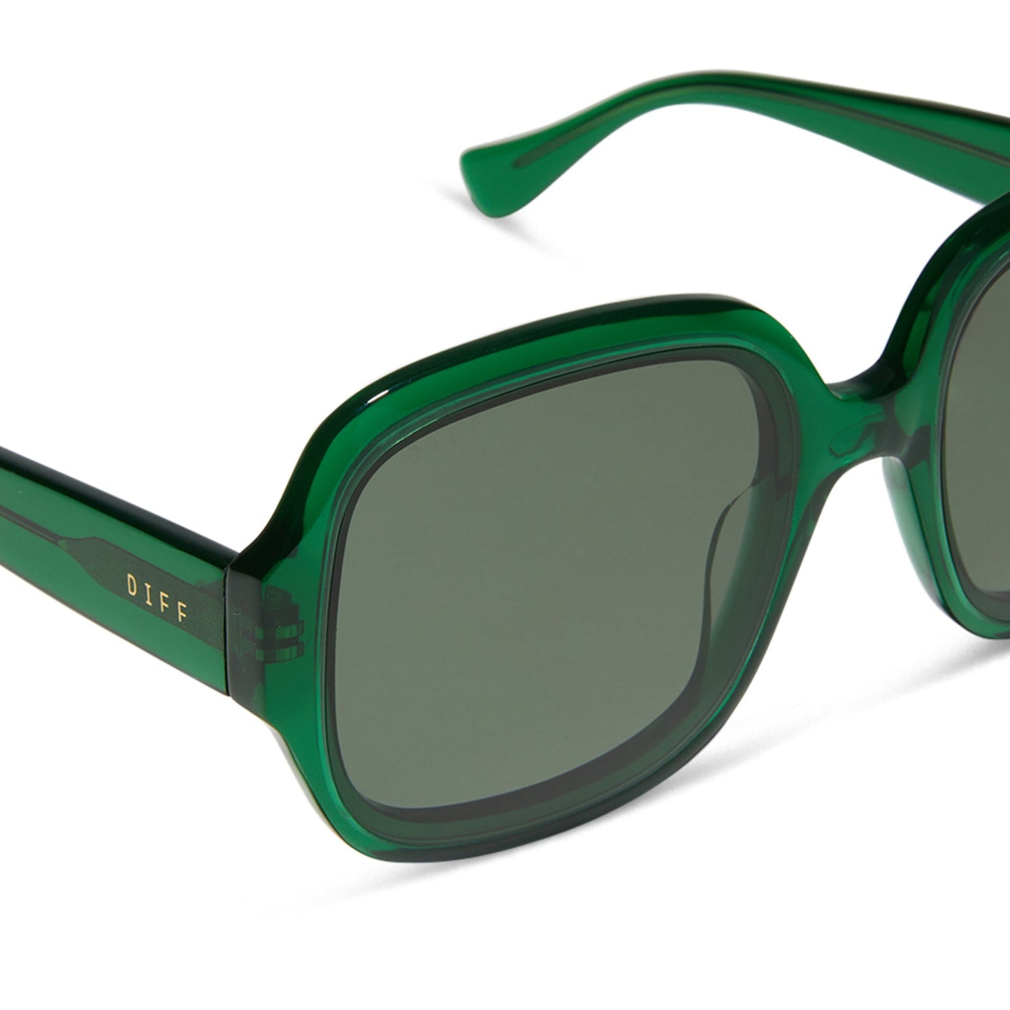 diff eyewear seraphina round sunglasses with a palm green crystal acetate frame and g15 lenses detailed view