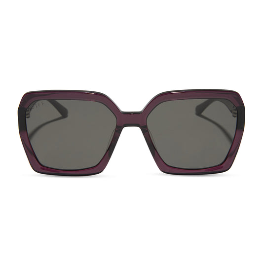 diff eyewear featuring the sloane square sunglasses with a aubergine frame and grey lenses front view