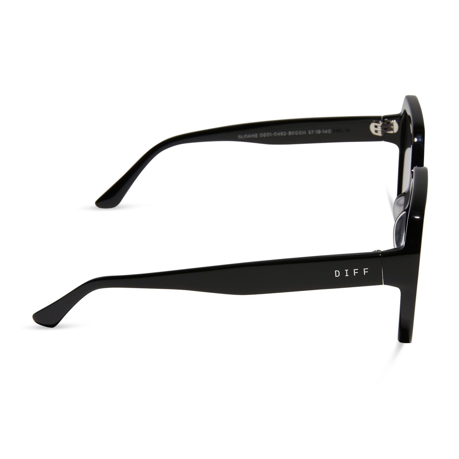 diff eyewear sloane square sunglasses with a black frame and grey gradient lenses side view