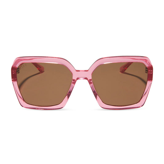 diff eyewear sloane square oversized sunglasses with a candy pink crystal acetate frame and brown lenses front view