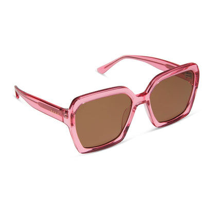 diff eyewear sloane square oversized sunglasses with a candy pink crystal acetate frame and brown lenses angled view