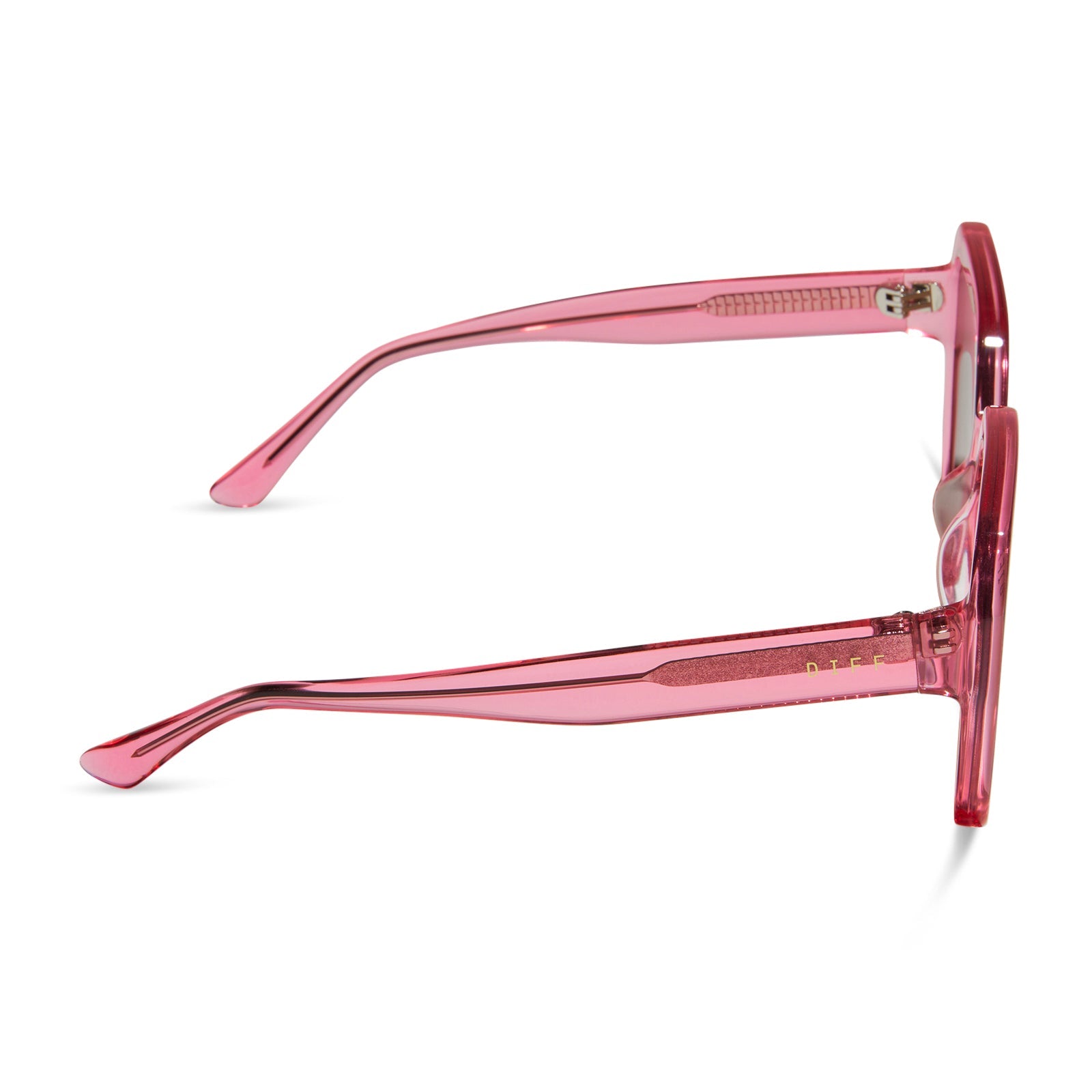 diff eyewear sloane square oversized sunglasses with a candy pink crystal acetate frame and brown lenses side view