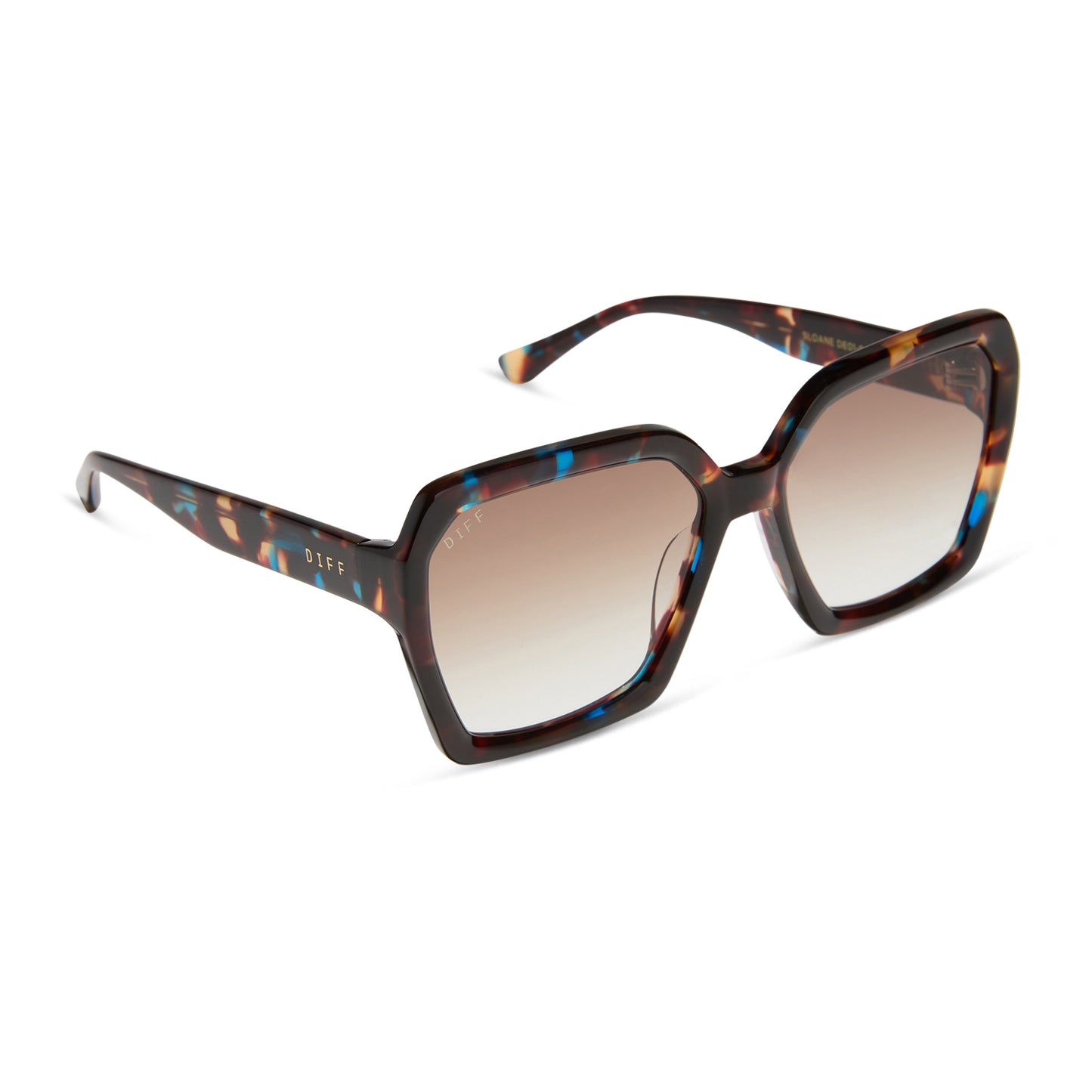 diff eyewear featuring the sloane square sunglasses with a confetti tortoise frame and brown gradient lenses angled view