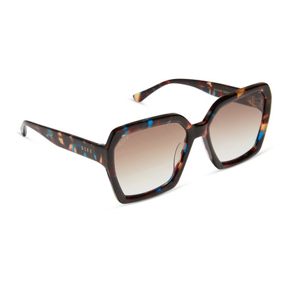 diff eyewear featuring the sloane square sunglasses with a confetti tortoise frame and brown gradient lenses angled view