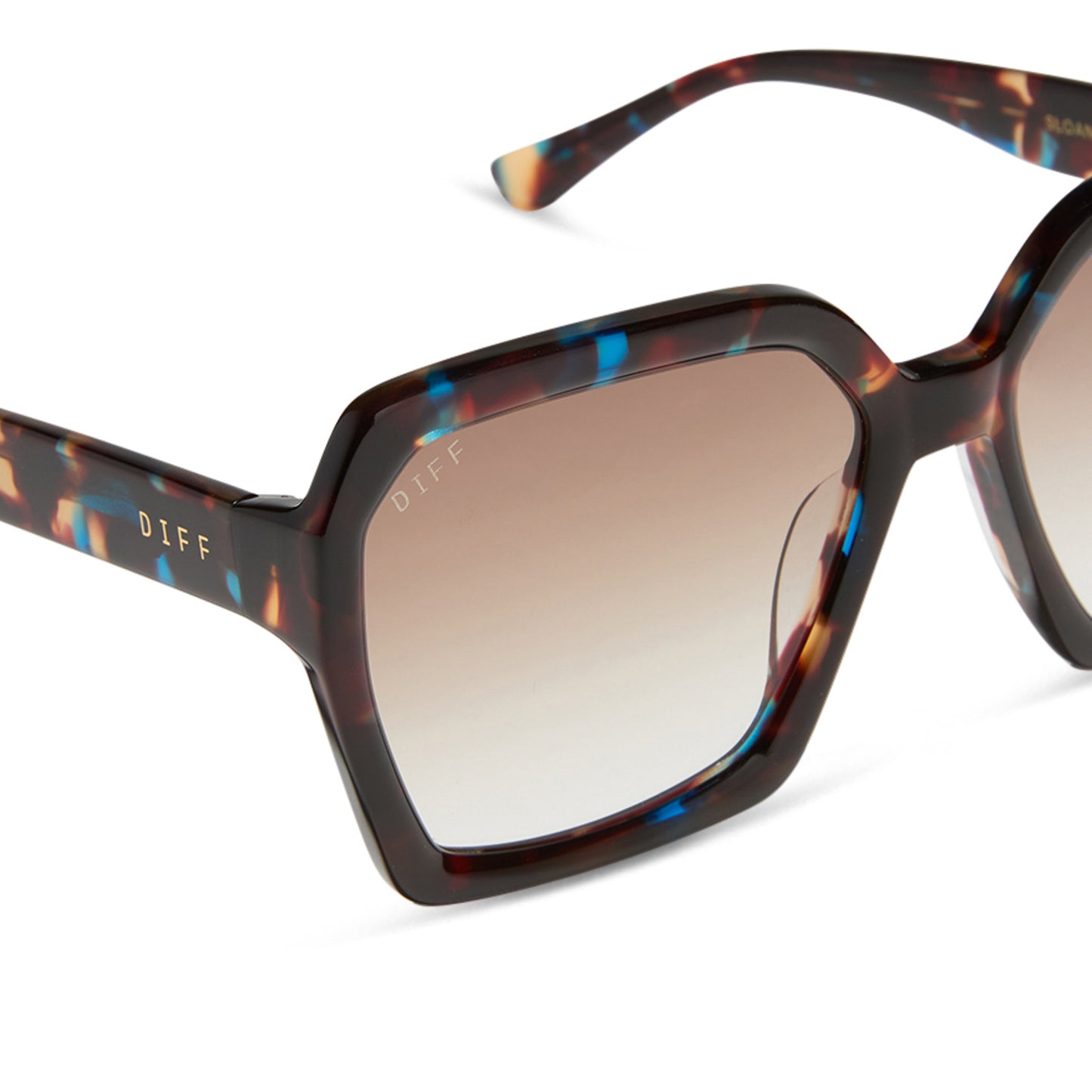 diff eyewear featuring the sloane square sunglasses with a confetti tortoise frame and brown gradient lenses detailed view