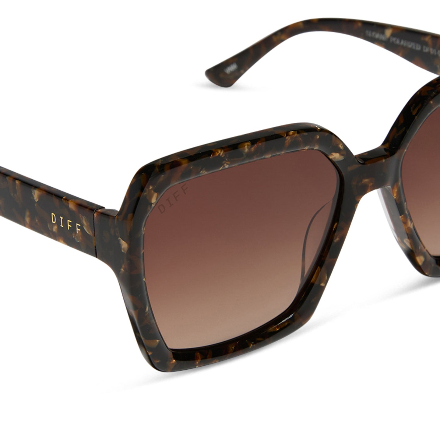 diff eyewear sloane square sunglasses with a glitter tortoise frame and brown gradient polarized lenses detailed view
