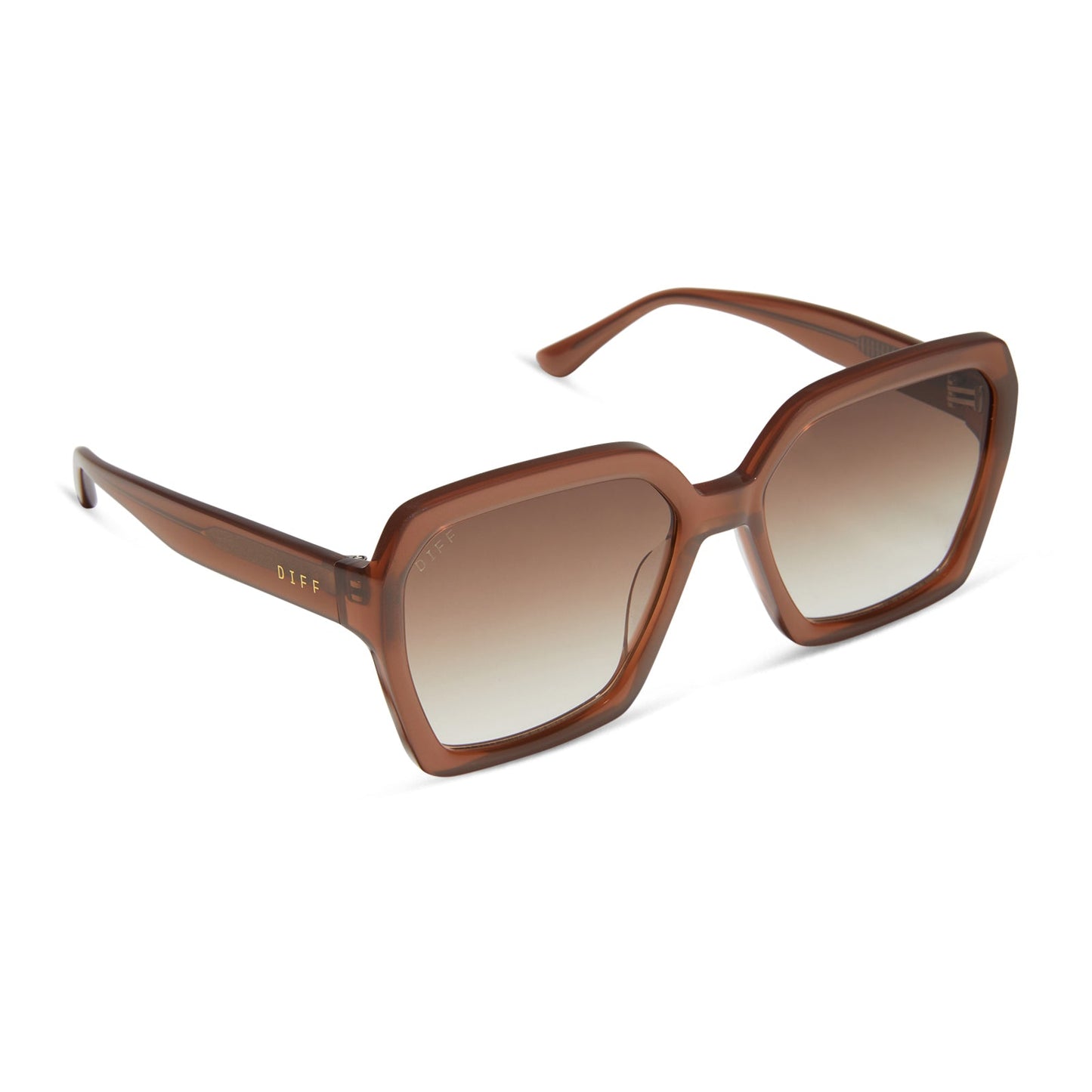 diff eyewear sloane square oversized sunglasses with a macchiato brown acetate frame and brown gradient lenses angled view