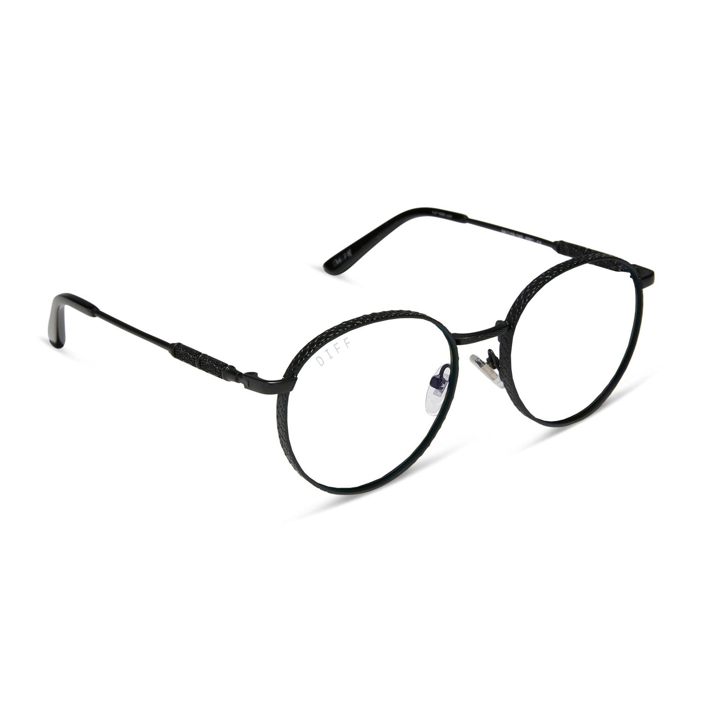 harry potter x diff eyewear featuring the snape round prescription glasses with a matte black metal frame angled view