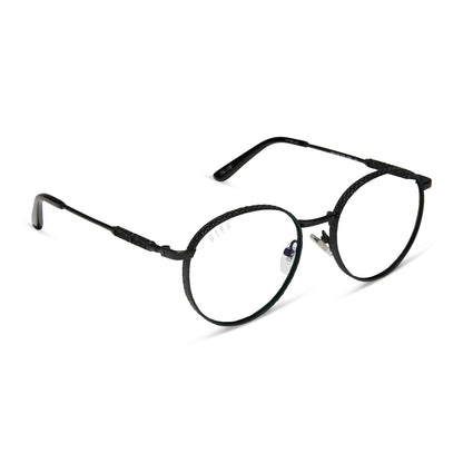 harry potter x diff eyewear featuring the snape round prescription glasses with a matte black metal frame angled view