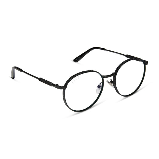 harry potter x diff eyewear featuring the snape round prescription glasses with a matte black metal frame angled view