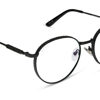 harry potter x diff eyewear featuring the snape round prescription glasses with a matte black metal frame detailed view