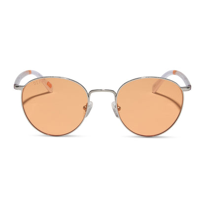 star wars x diff eyewear featuring the bb-8™ round sunglasses with a droid white with silver frame and orange lenses front view