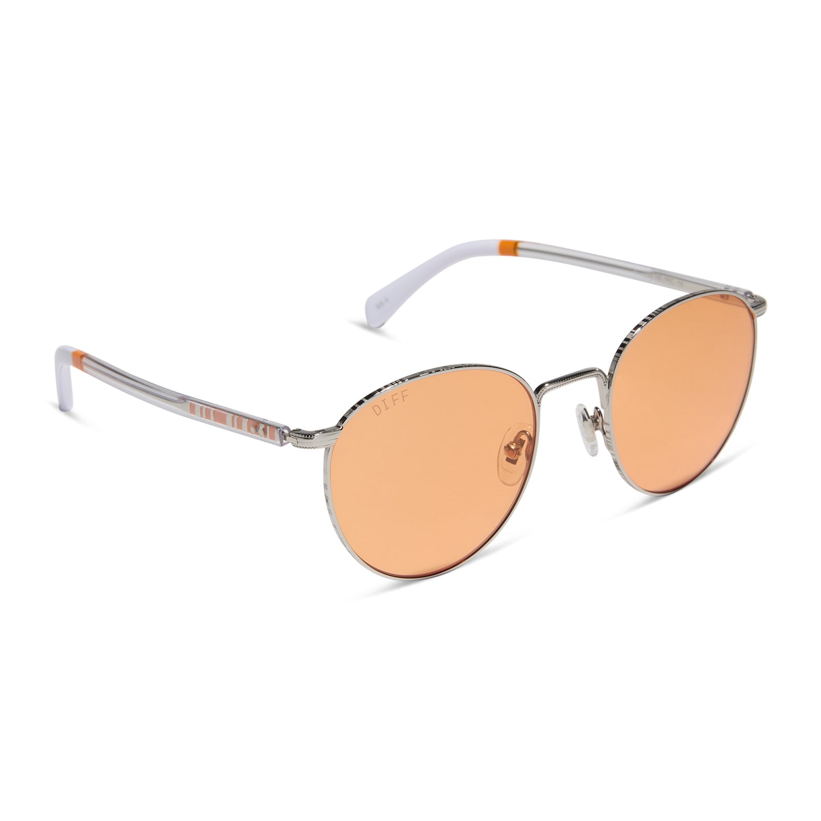 star wars x diff eyewear featuring the bb-8™ round sunglasses with a droid white with silver frame and orange lenses angled view