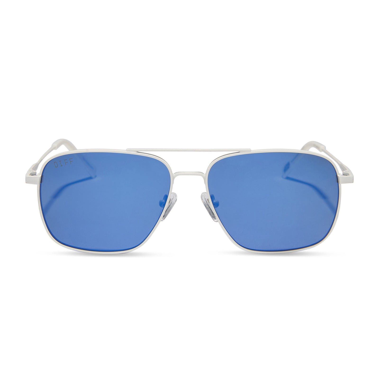 star wars x diff eyewear featuring the blue squadron rebel pilot navigator sunglasses with a white metal frame and blue mirror lenses front view
