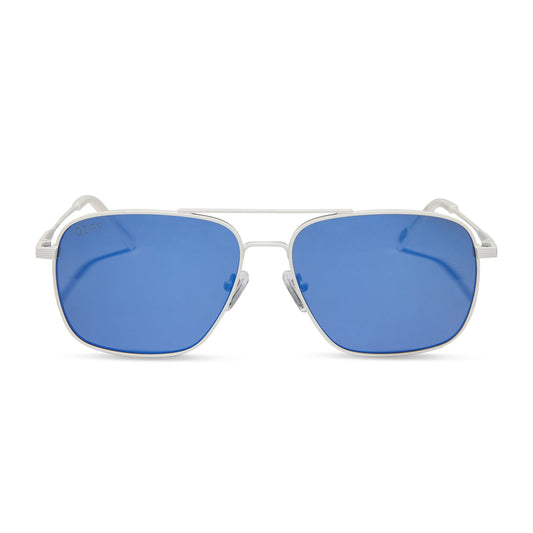 star wars x diff eyewear featuring the blue squadron rebel pilot navigator sunglasses with a white metal frame and blue mirror lenses front view