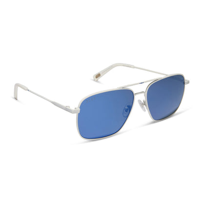 star wars x diff eyewear featuring the blue squadron rebel pilot navigator sunglasses with a white metal frame and blue mirror lenses angled view