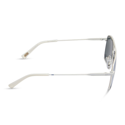 star wars x diff eyewear featuring the blue squadron rebel pilot navigator sunglasses with a white metal frame and blue mirror lenses side view