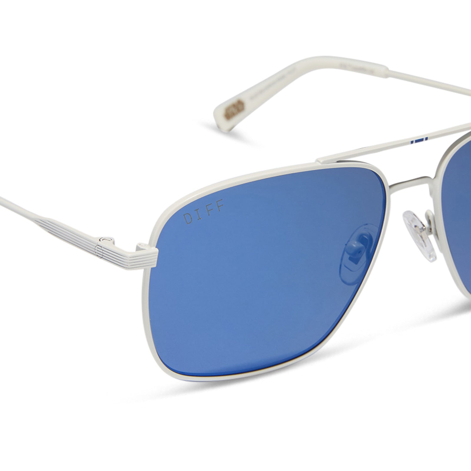 star wars x diff eyewear featuring the blue squadron rebel pilot navigator sunglasses with a white metal frame and blue mirror lenses detailed view