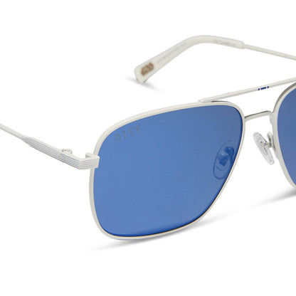 star wars x diff eyewear featuring the blue squadron rebel pilot navigator sunglasses with a white metal frame and blue mirror lenses detailed view