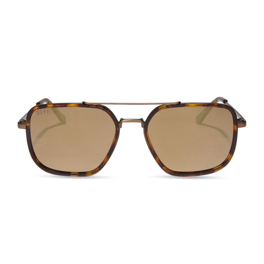 star wars x diff eyewear featuring the colonel ward navigator sunglasses with a bronze metal frame and brown flash lenses front view