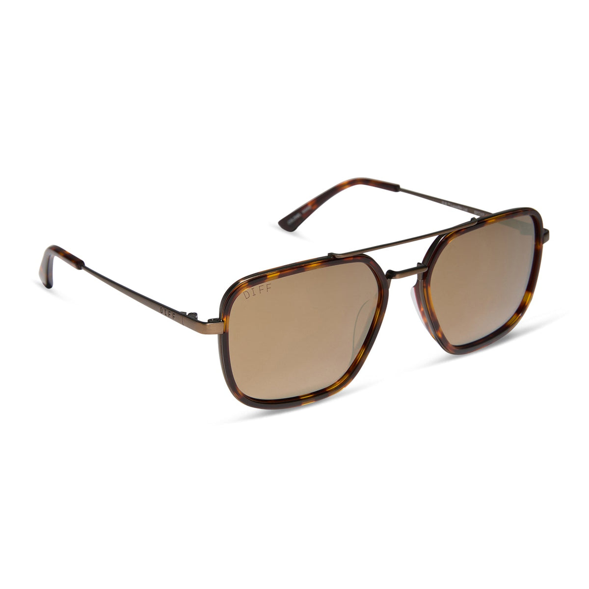 star wars x diff eyewear featuring the colonel ward navigator sunglasses with a bronze metal frame and brown flash lenses angled view