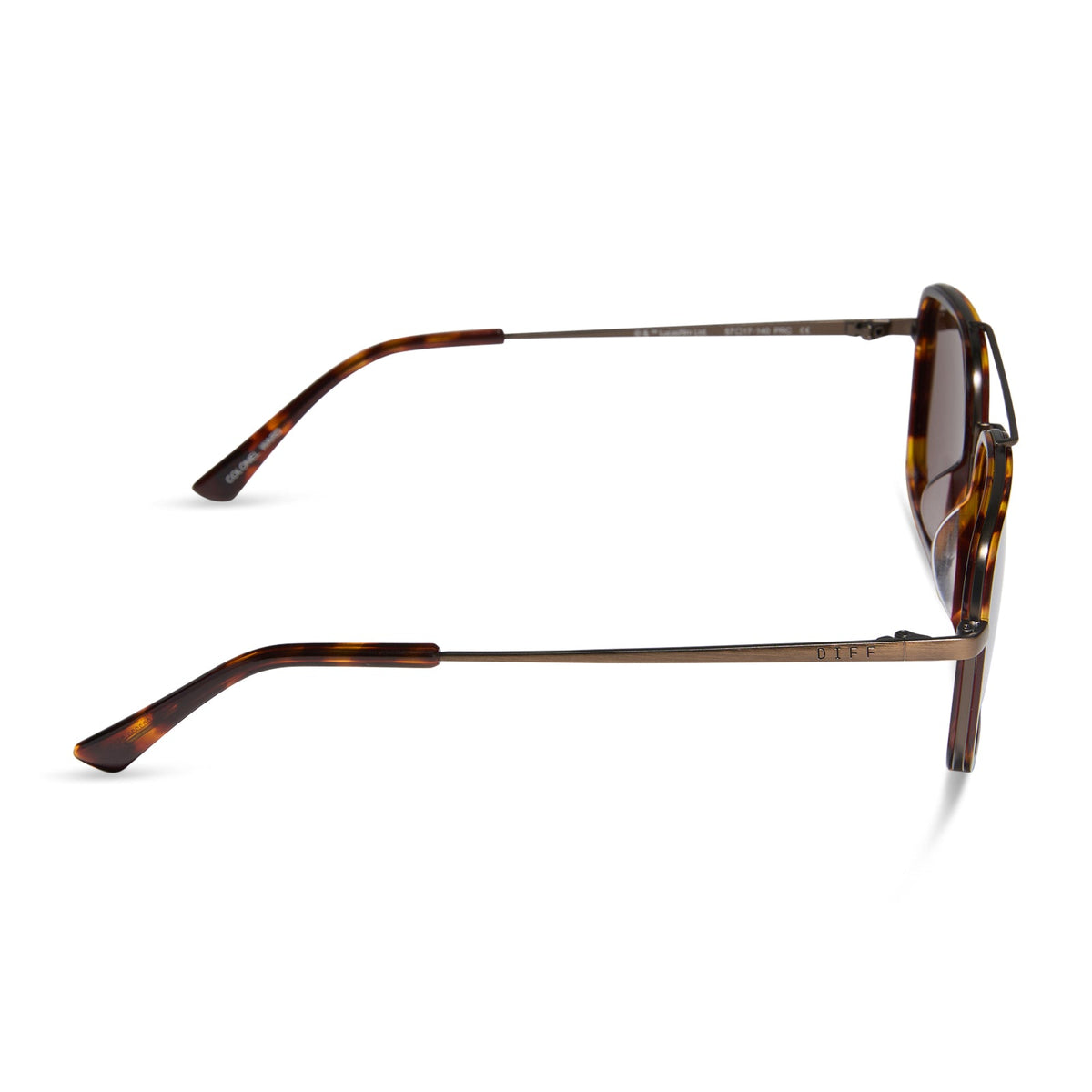 star wars x diff eyewear featuring the colonel ward navigator sunglasses with a bronze metal frame and brown flash lenses side view
