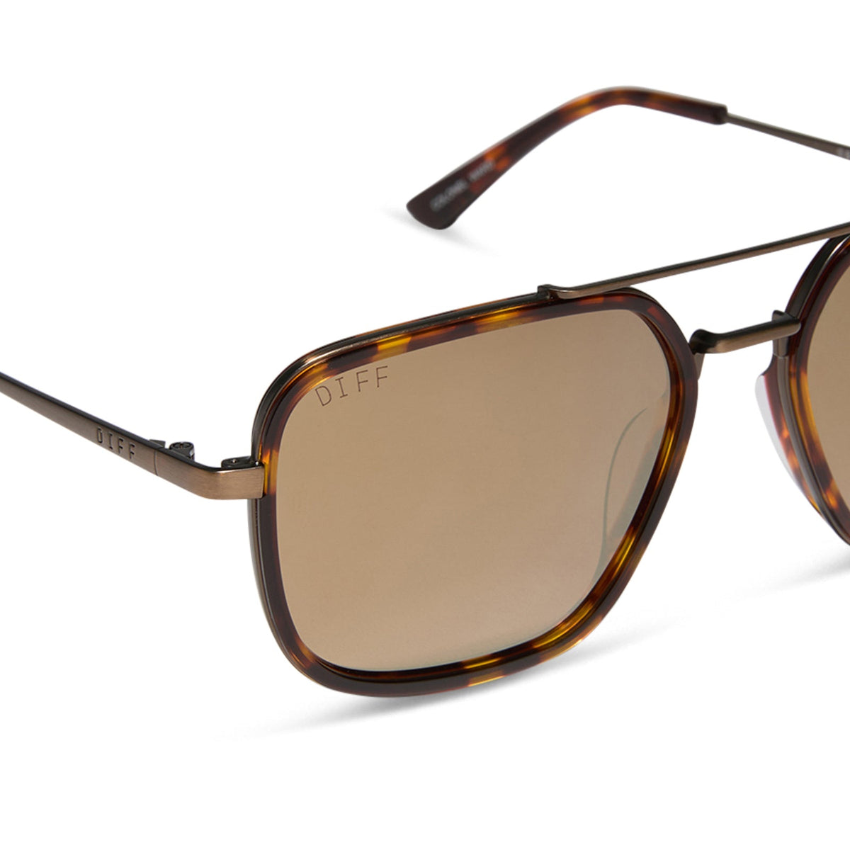 star wars x diff eyewear featuring the colonel ward navigator sunglasses with a bronze metal frame and brown flash lenses detailed view