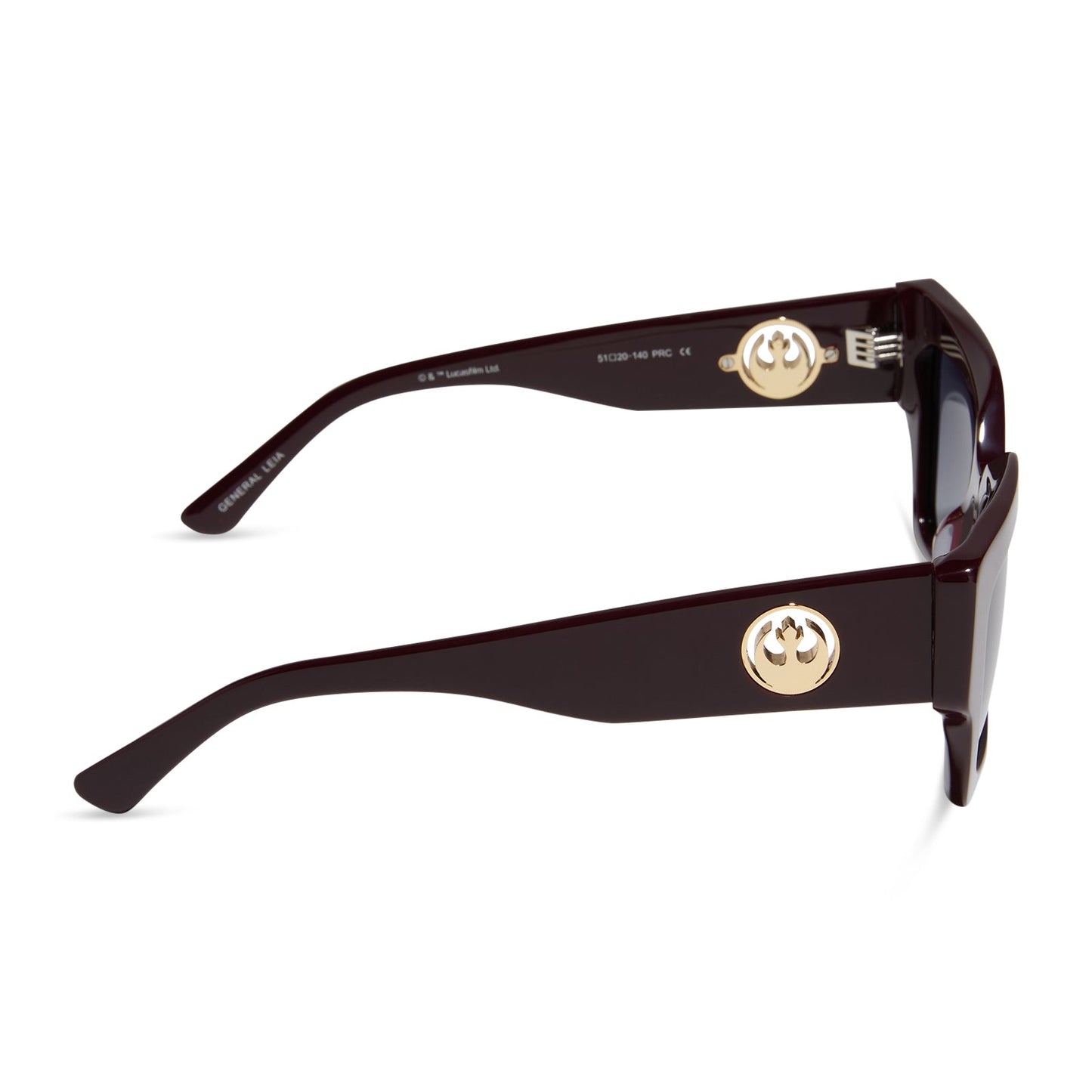 star wars x diff eyewear featuring the general leia™ square sunglasses with a aubergine purple frame and grey gradient polarized lenses side view