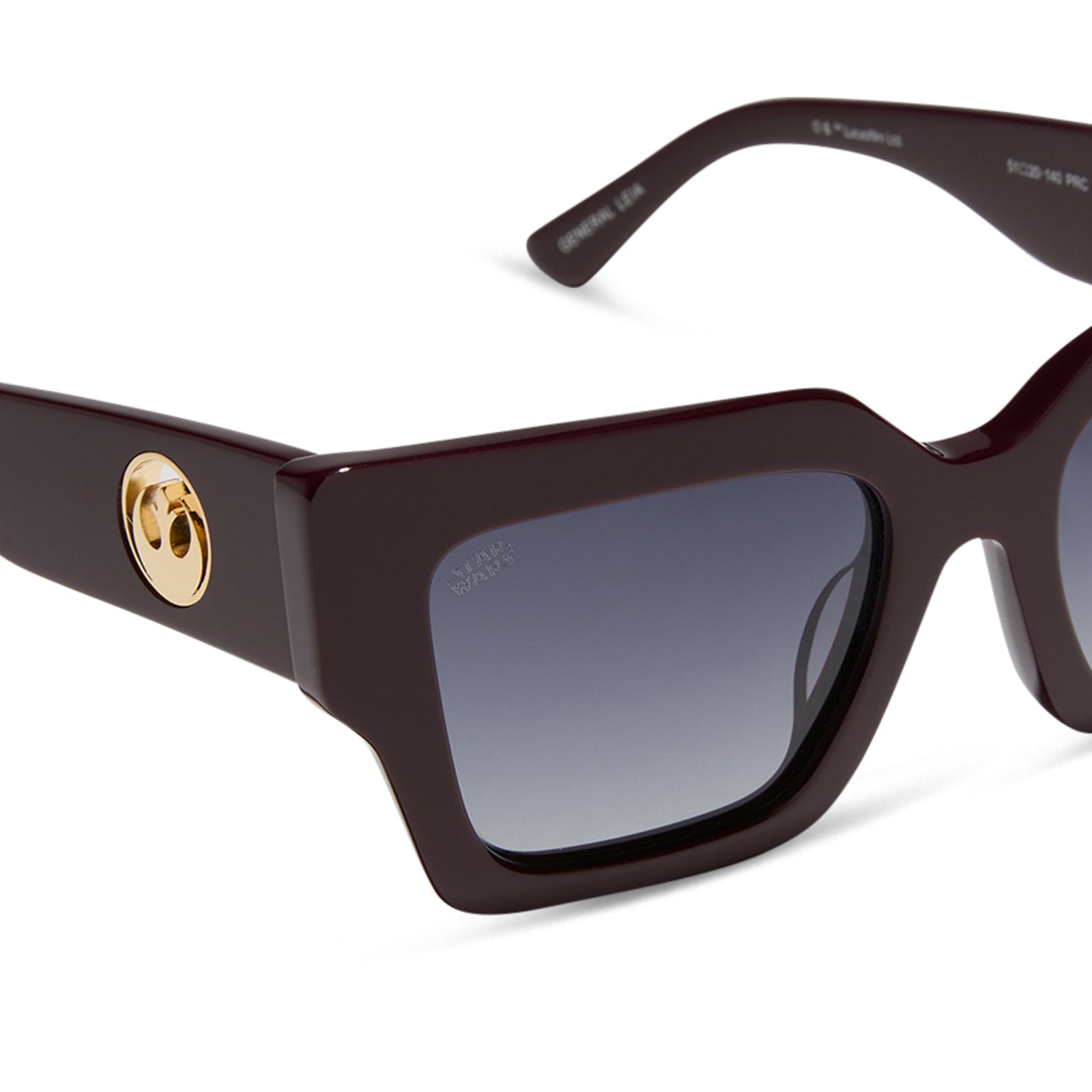 star wars x diff eyewear featuring the general leia™ square sunglasses with a aubergine purple frame and grey gradient polarized lenses detailed view