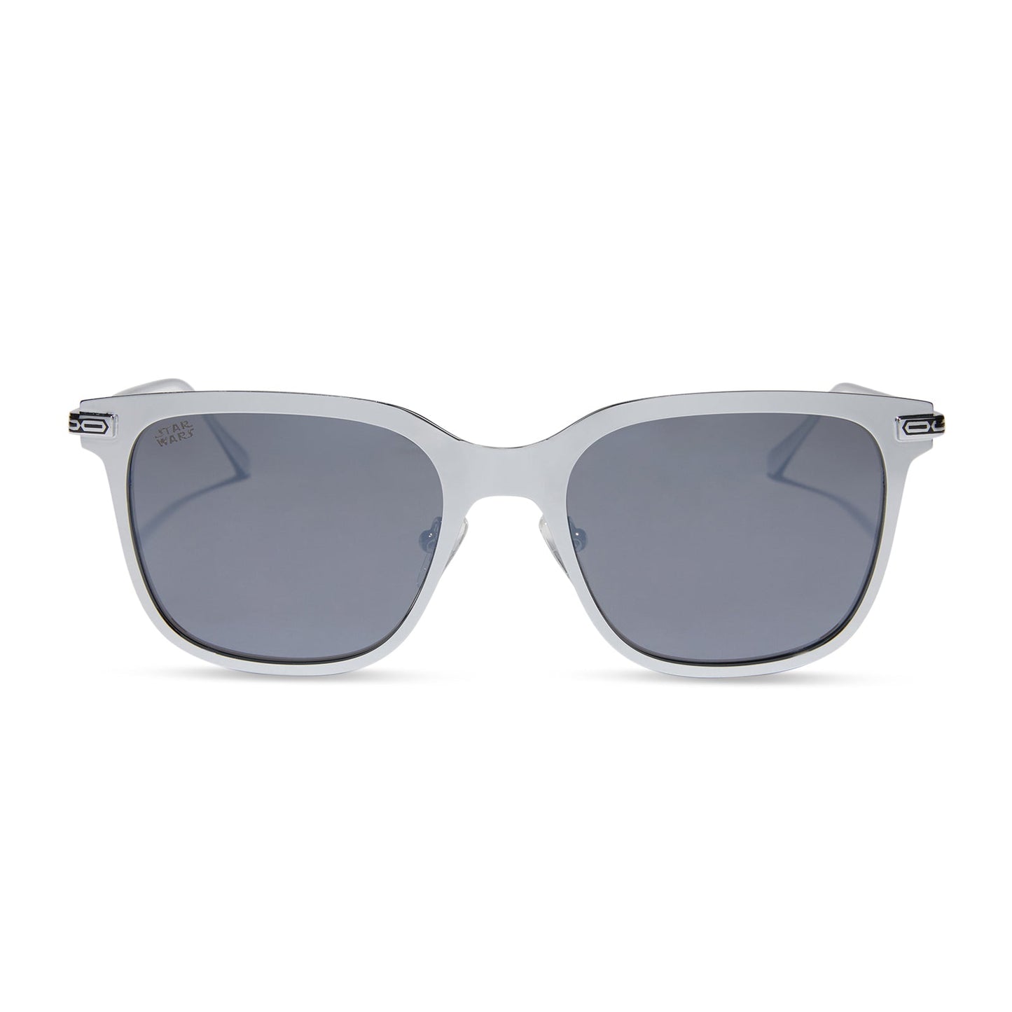 star wars x diff eyewear featuring the mando 3.0 square sunglasses with a silver acetate frame and grey with silver flash lenses front view