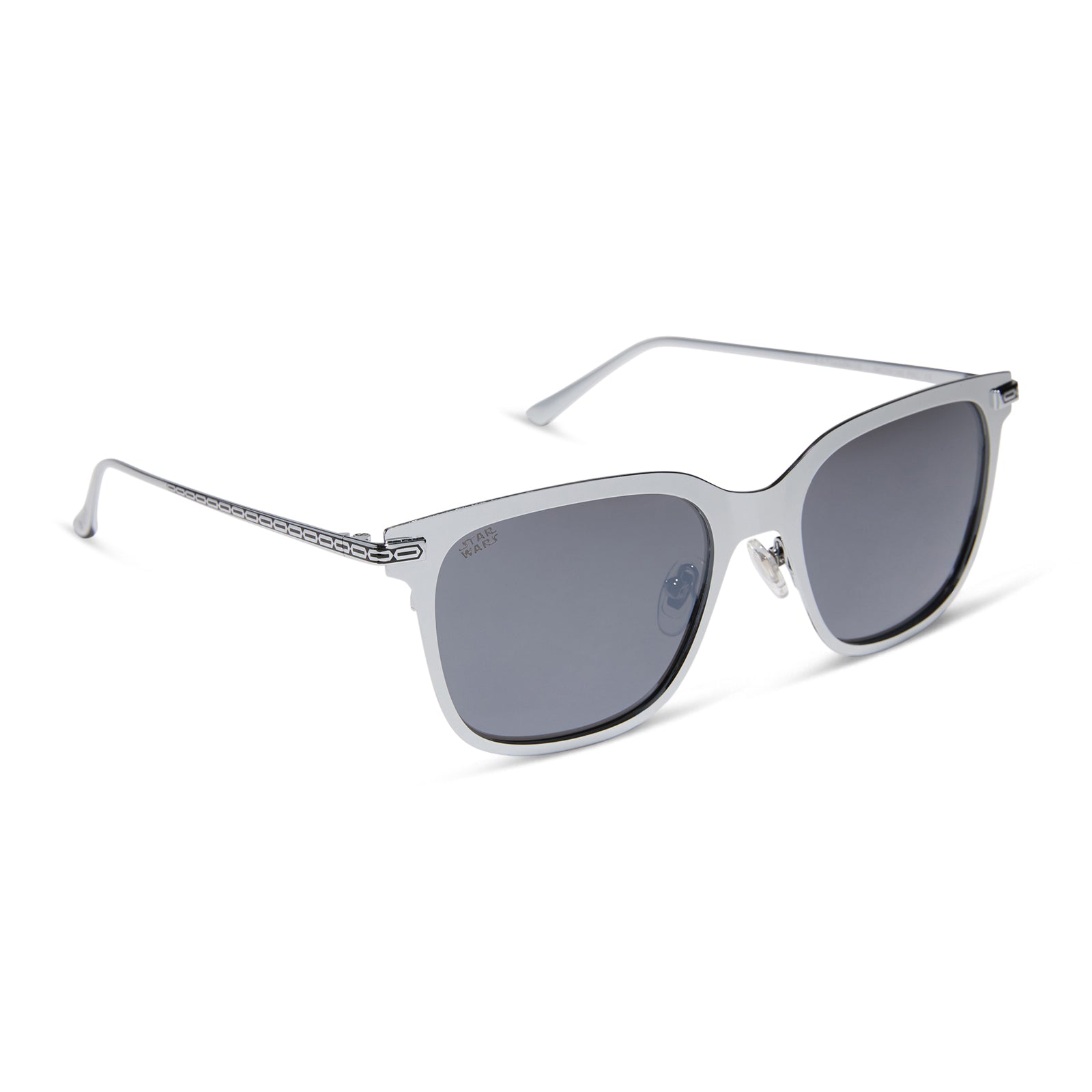 star wars x diff eyewear featuring the mando 3.0 square sunglasses with a silver acetate frame and grey with silver flash lenses angled view
