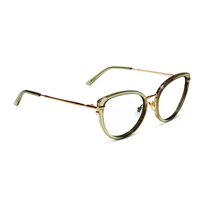 star wars x diff eyewear princess leia endor cat eye glasses with a translucent sage green and gold frame with prescription lenses angled view
