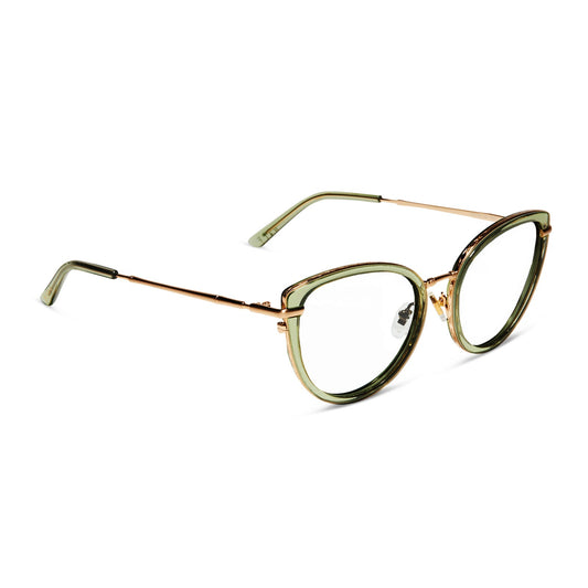 star wars x diff eyewear princess leia endor cat eye glasses with a translucent sage green and gold frame with prescription lenses angled view