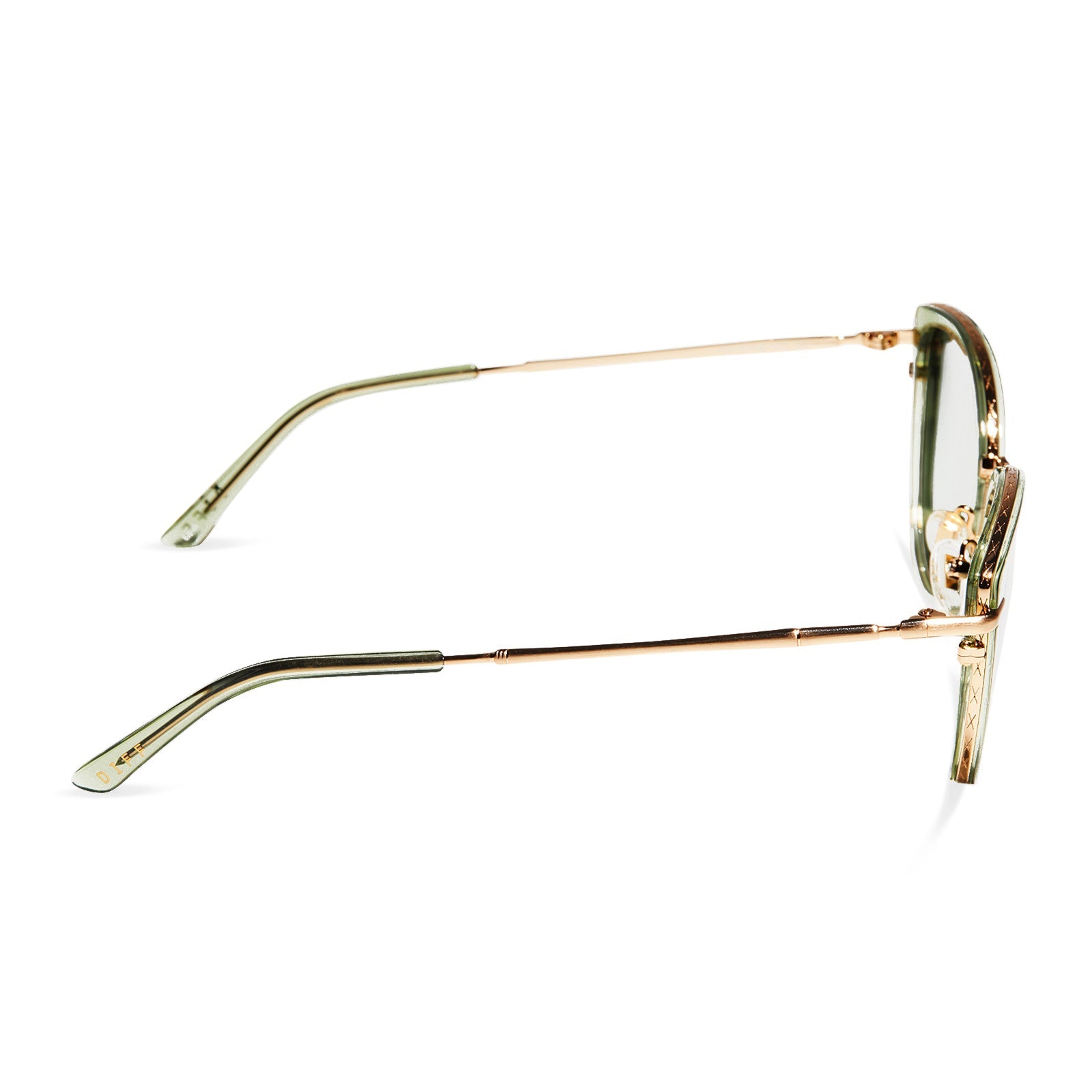star wars x diff eyewear princess leia endor cat eye glasses with a translucent sage green and gold frame with prescription lenses side view
