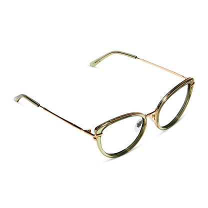 star wars x diff eyewear princess leia endor cat eye glasses with a translucent sage green and gold frame with prescription lenses detailed view