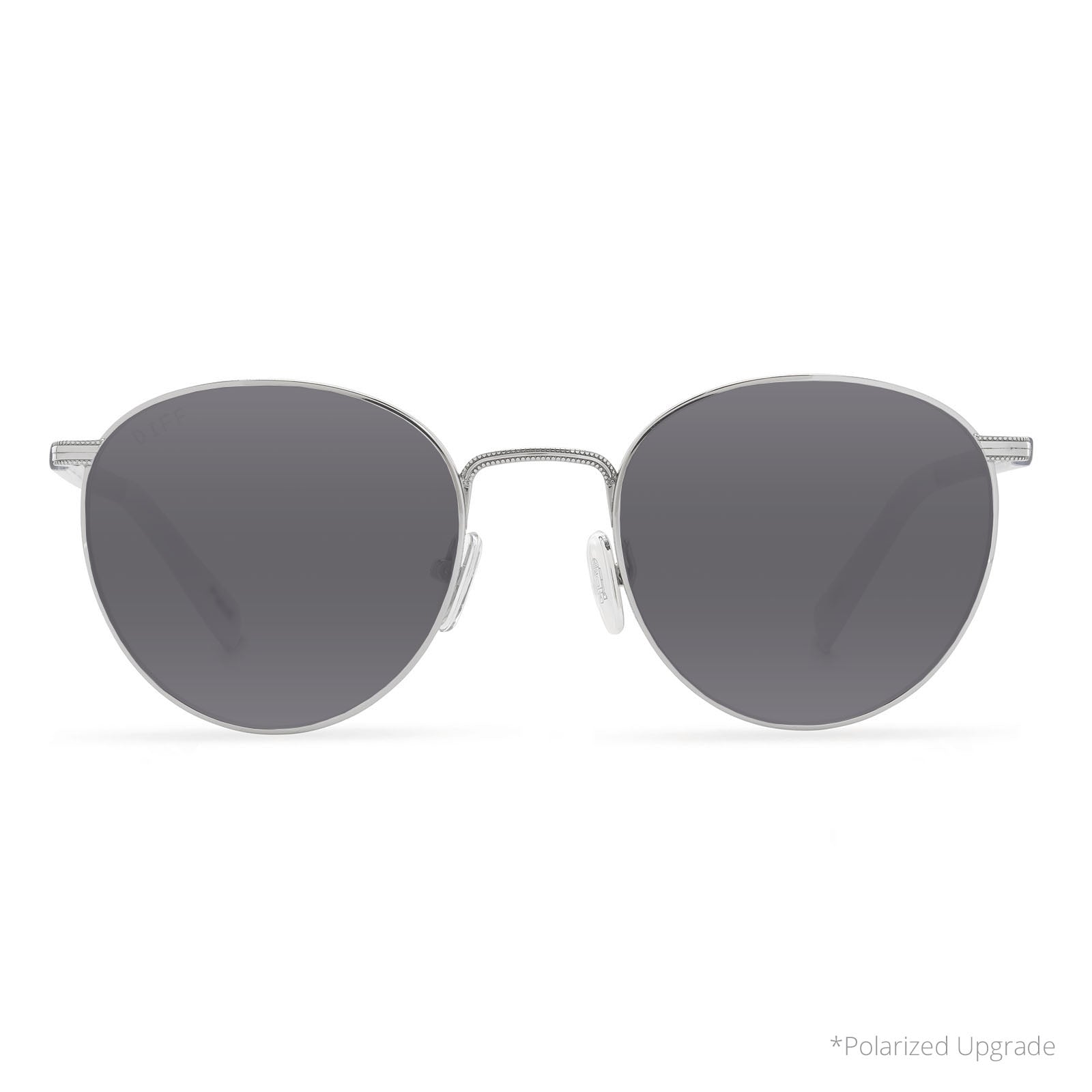 prescription sunglasses - star wars x diff eyewear r2-d2 round sunglasses with a silver metal frame and grey prescription lenses front view