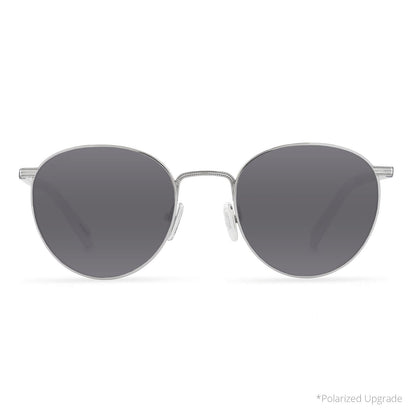 prescription sunglasses - star wars x diff eyewear r2-d2 round sunglasses with a silver metal frame and grey prescription lenses front view