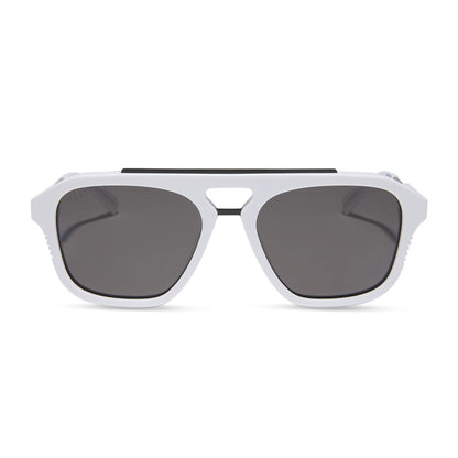 star wars x diff eyewear featuring the stormtrooper 3.0 navigator sunglasses with a white acetate frame and grey polarized lenses front view