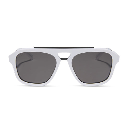 star wars x diff eyewear featuring the stormtrooper 3.0 navigator sunglasses with a white acetate frame and grey polarized lenses front view