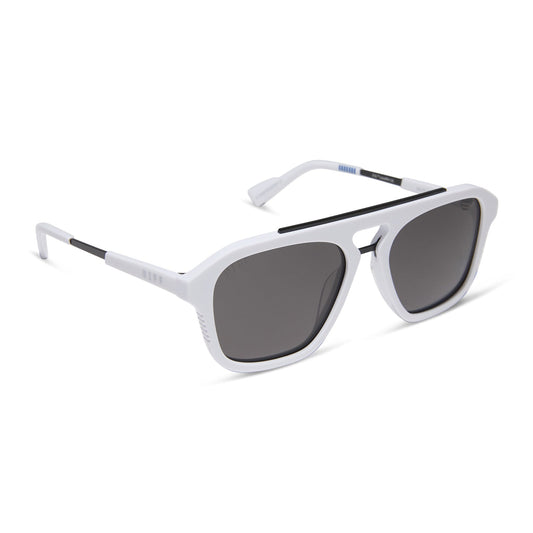 star wars x diff eyewear featuring the stormtrooper 3.0 navigator sunglasses with a white acetate frame and grey polarized lenses angled view