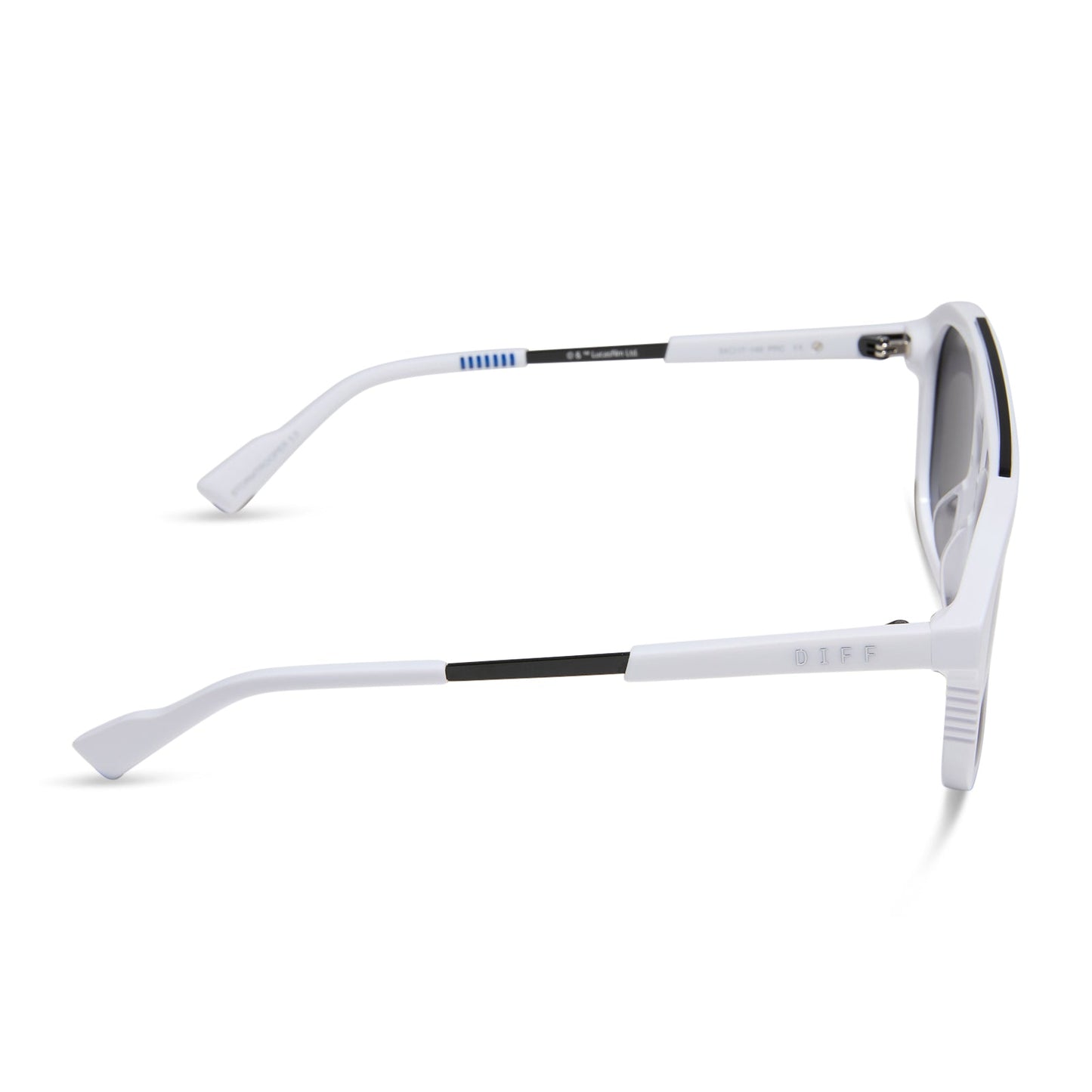 star wars x diff eyewear featuring the stormtrooper 3.0 navigator sunglasses with a white acetate frame and grey polarized lenses side view