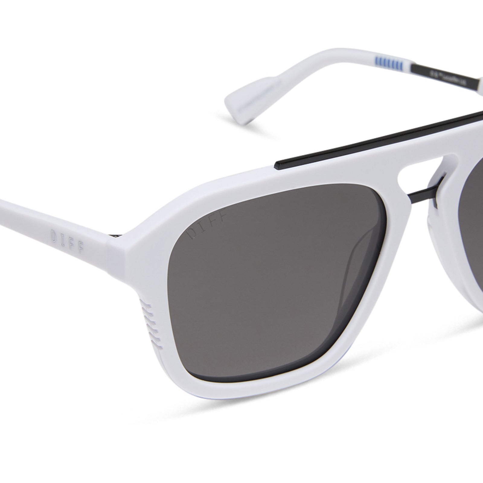 star wars x diff eyewear featuring the stormtrooper 3.0 navigator sunglasses with a white acetate frame and grey polarized lenses detailed view