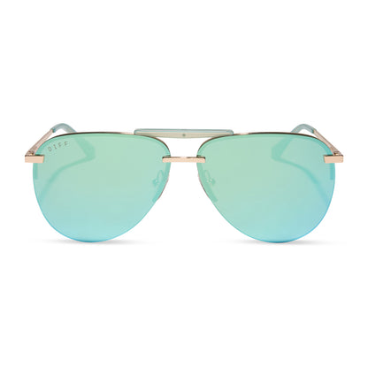 diff eyewear wholesale tahoe aviator sunglasses with a gold frame and aquatic awe teal lenses front view