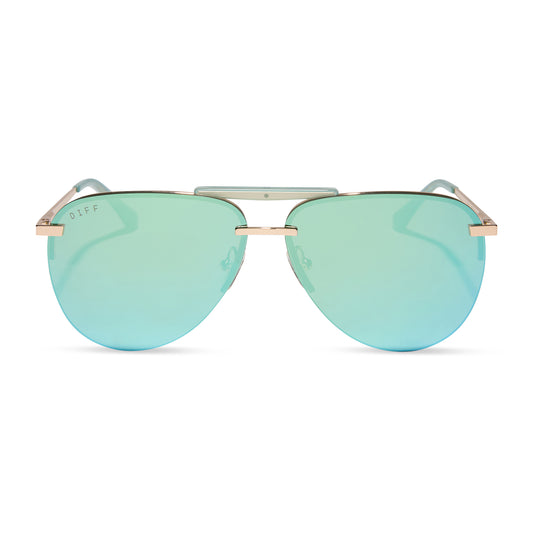 diff eyewear wholesale tahoe aviator sunglasses with a gold frame and aquatic awe teal lenses front view