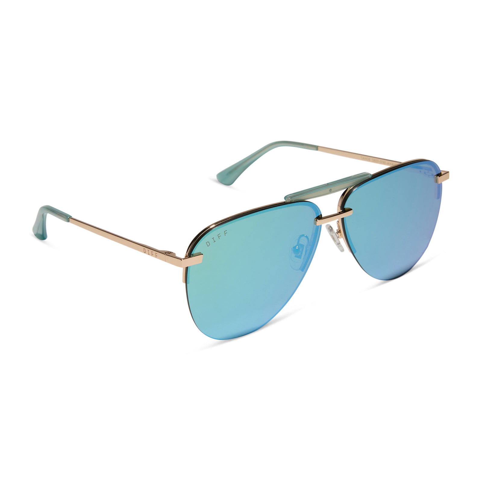 diff eyewear wholesale tahoe aviator sunglasses with a gold frame and aquatic awe teal lenses angled view